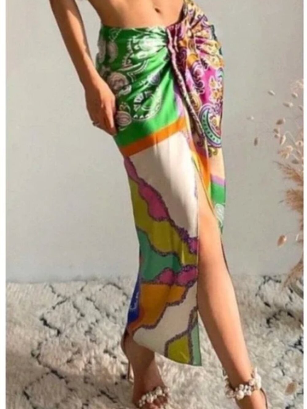 Zara Ruched Multicolor Split Midi Skirt XS Paisley Beach Resort Vacation Pool
